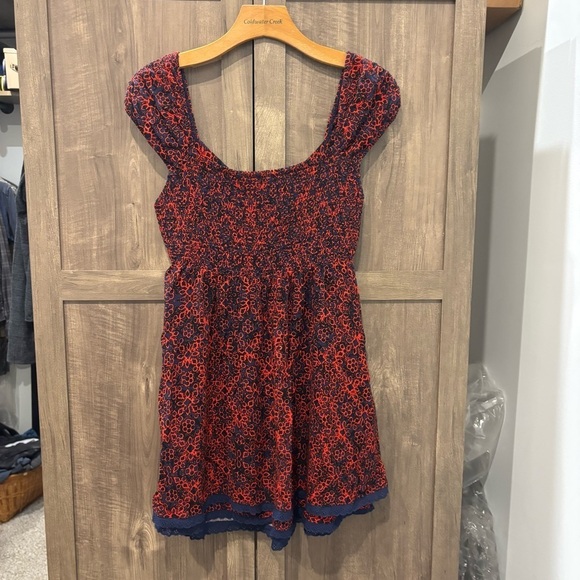 Free People small Tabitha Red Mini Dress smocking babydoll pockets - Picture 3 of 11